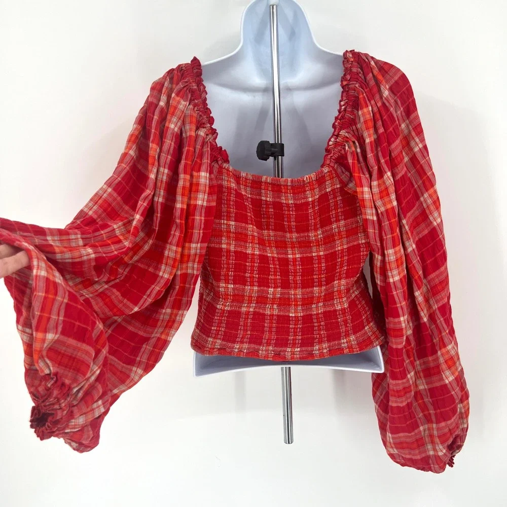 Free People Cherry Bomb Madrass Revolve Smocked Waist Puffed Sleeve Boho Cottage - Picture 4 of 7